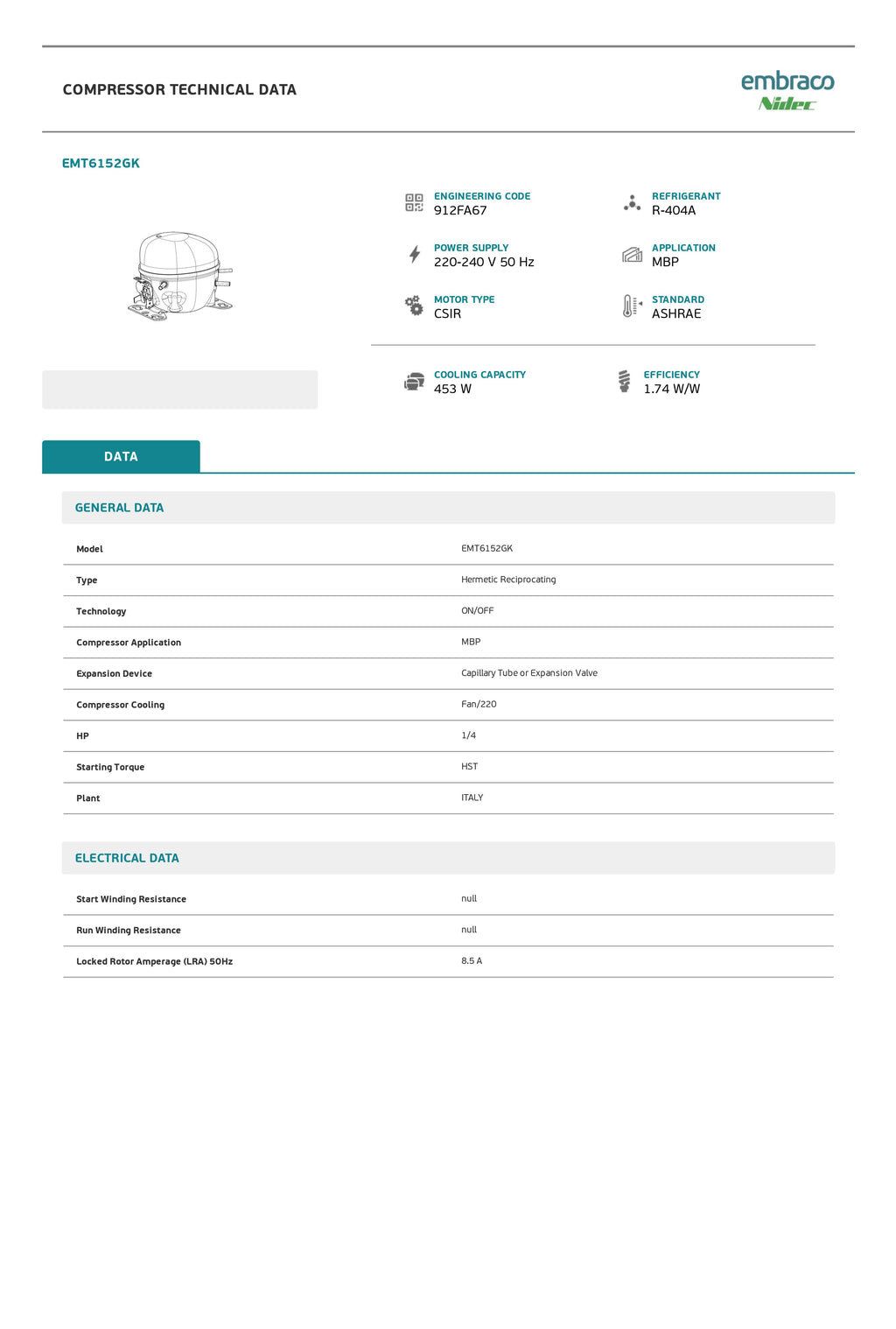 MFI57EB - Kompresor R404 HBP 04.5cm³ EMBRACO EMT6152GK 1/4hp 453w