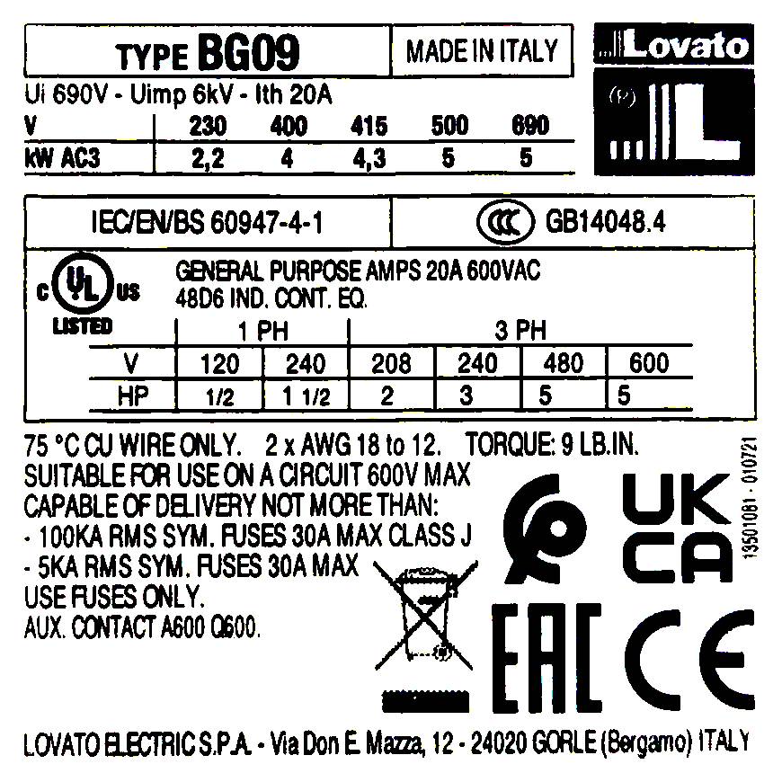LSH3101 - Rele lovato (BG0910A) 9a 4kw 230v
