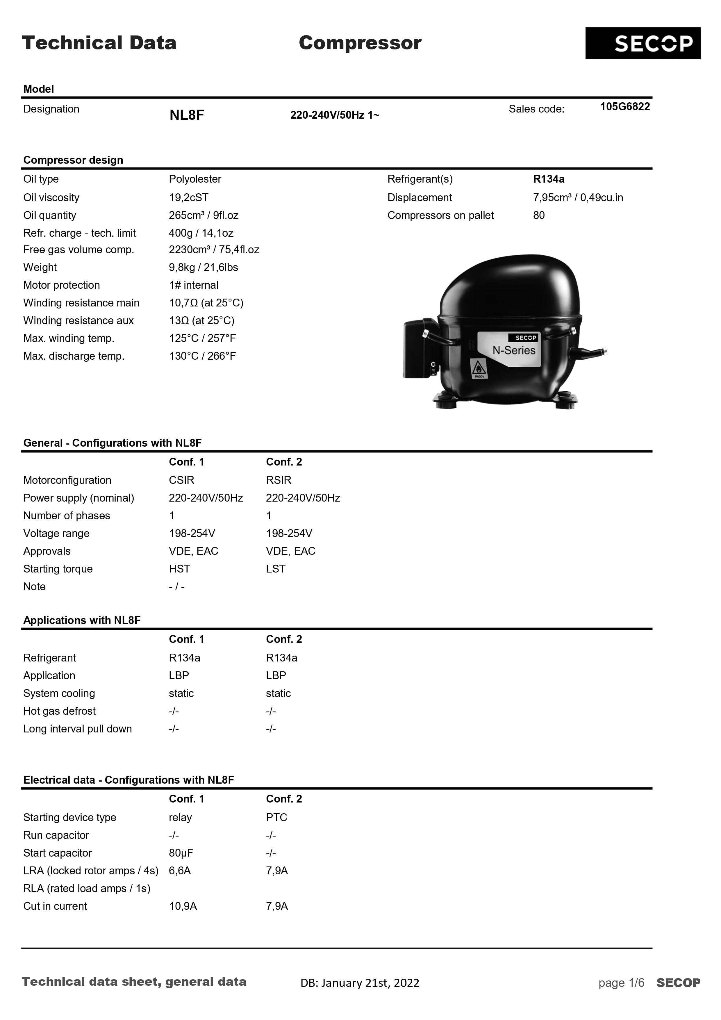 MFF01DF - Kompresor R134a LBP 07.95cm³ SECOP NL8F 1/4hp 201W