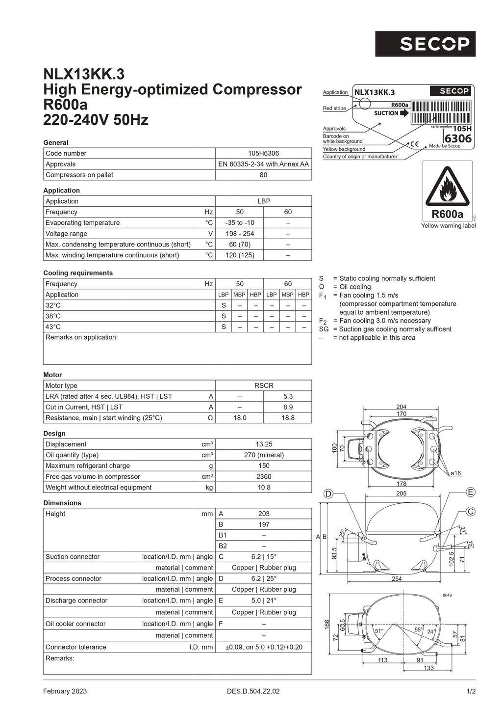 MFF00DF - Kompresor R600 LBP 13.25cm³ SECOP NLX13KK 1/4hp 231w