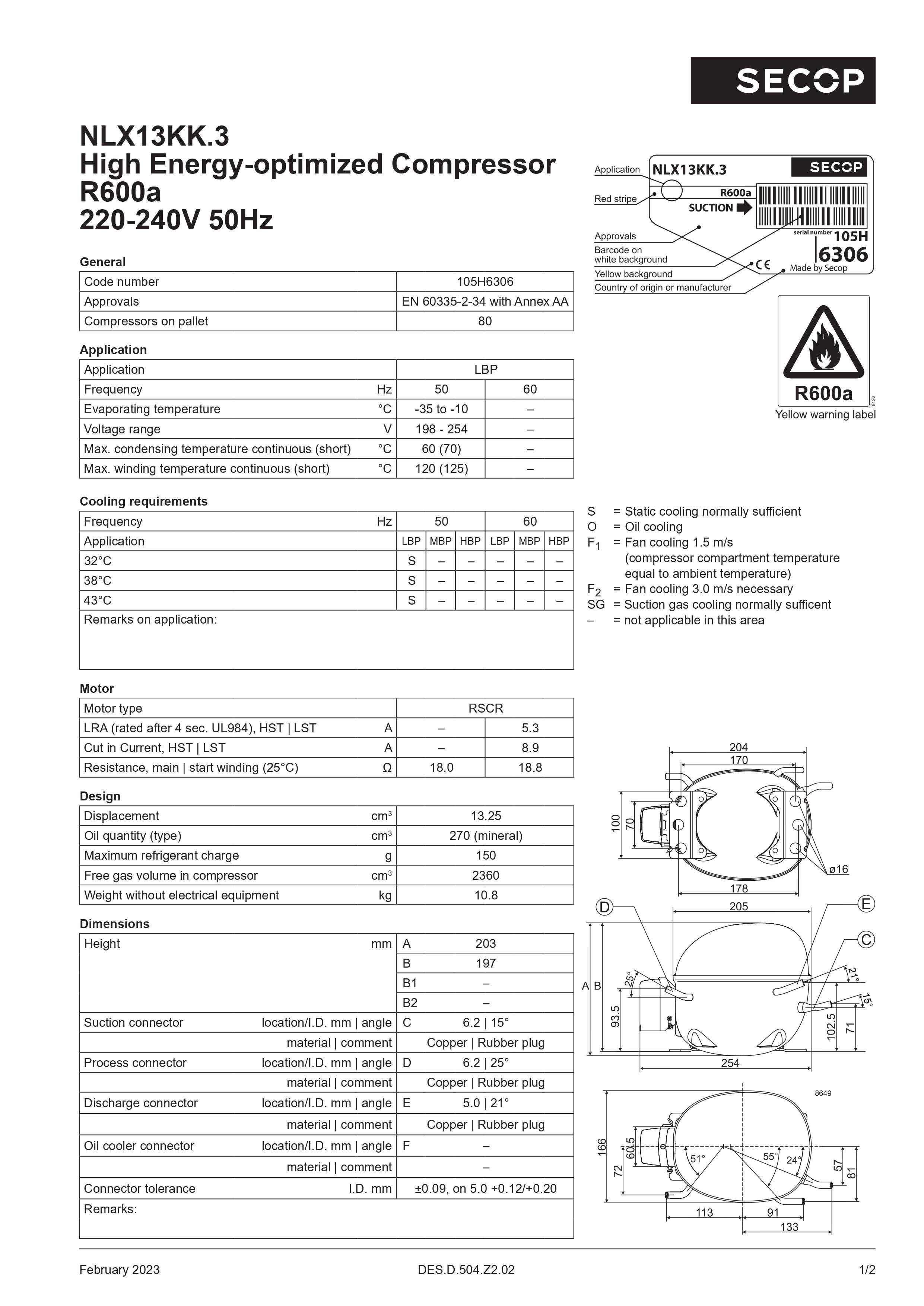 MFF00DF - Kompresor R600 LBP 13.25cm³ SECOP NLX13KK 1/4hp 231w